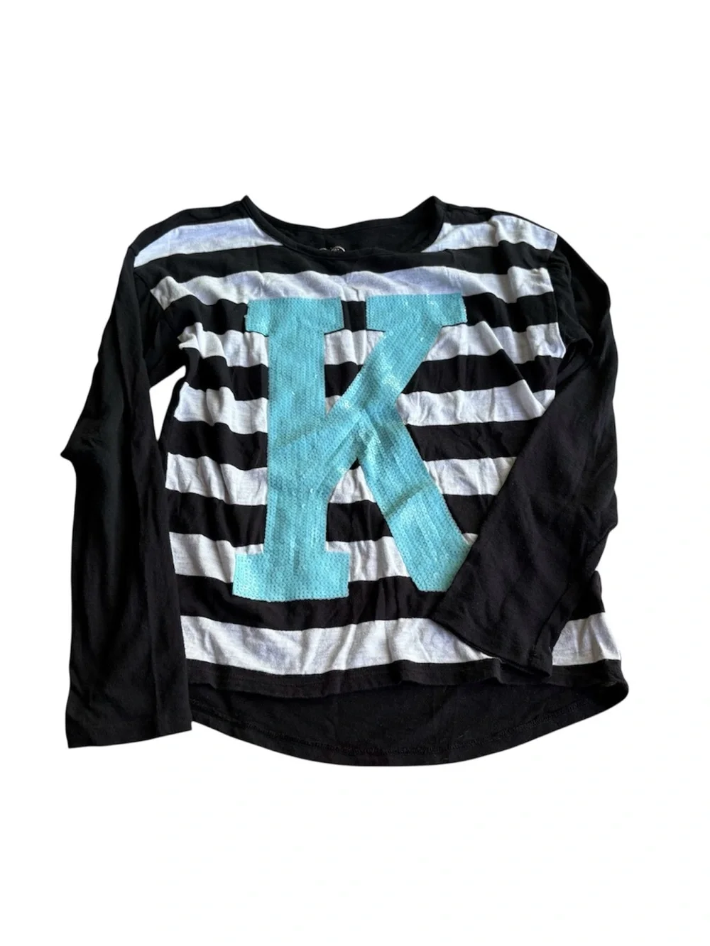Justice girls 12/14 sequin monogram K long sleeve stripe shirt